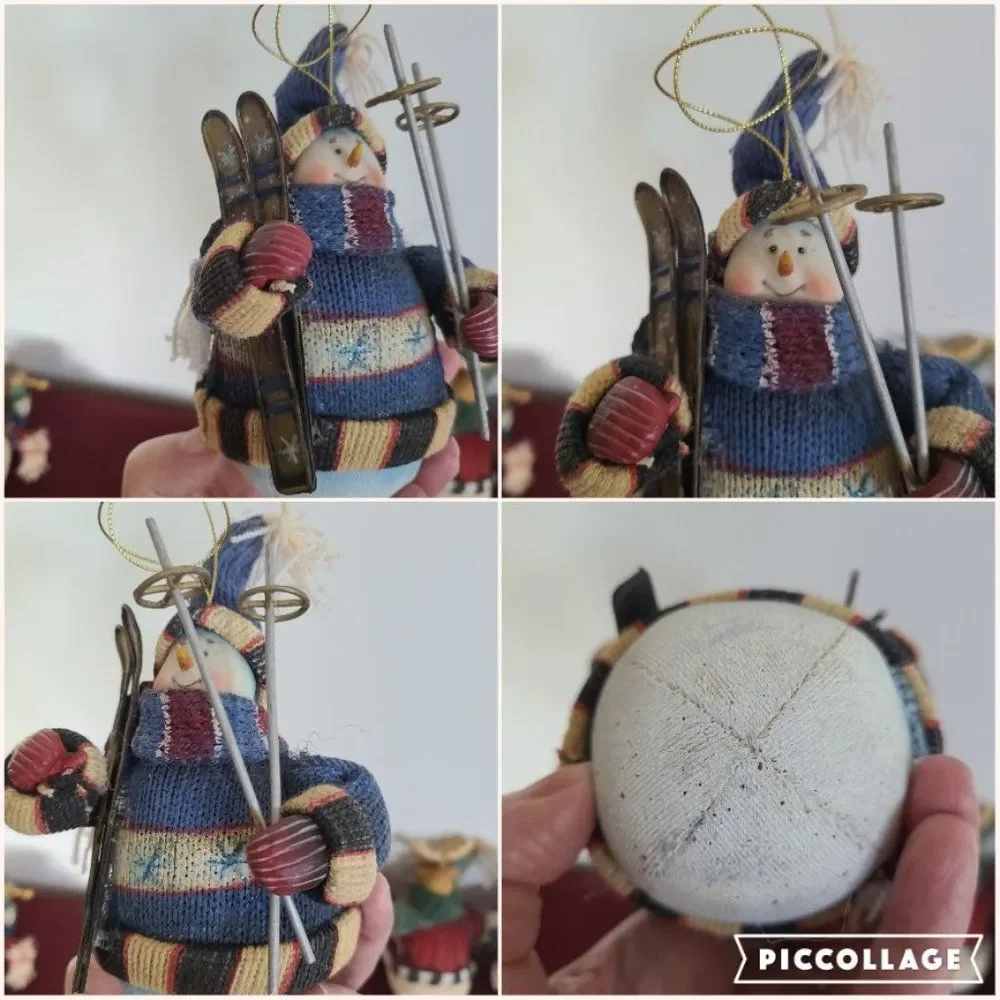 Vintage Fabric Mache Holiday Winter Christmas Ornaments Snowmen & Moose Set of 4